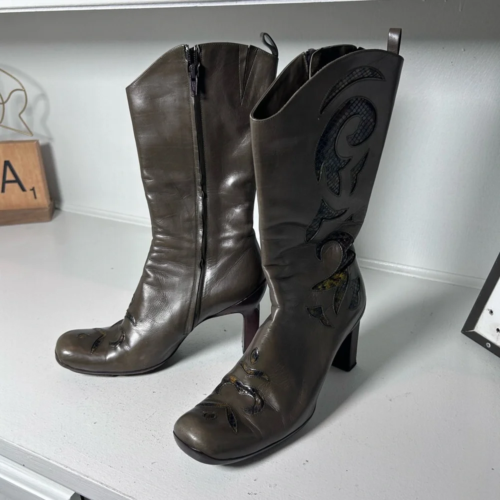 Vintage Graye Leather Western Boots 6.5/7 Y2K Heeled Cowboy Boots Cutout Detail - Picture 2 of 8